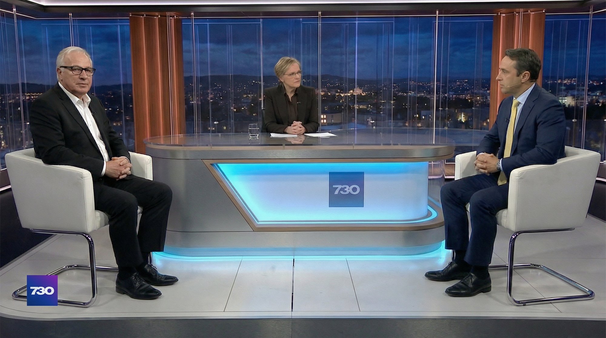 The tense 7.30 studio with Sarah Ferguson, Alan Kohler, and Matt Comyn